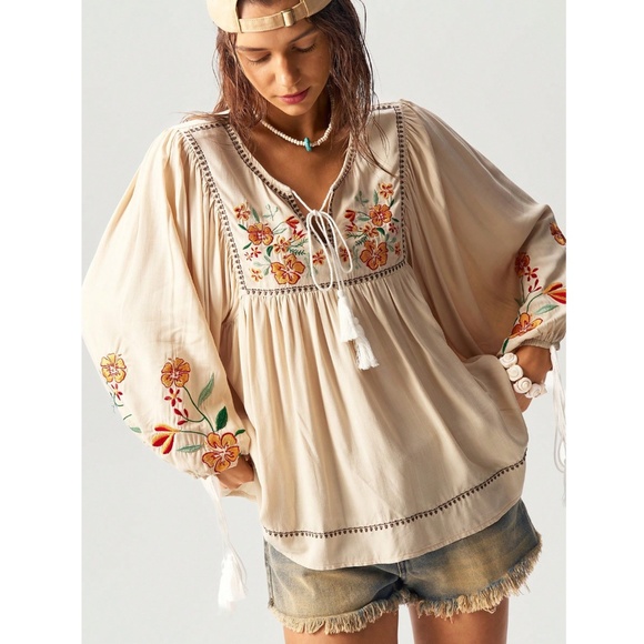 Embroidered Bohemian Shirt in Beige Detailed V-Neck, Tassel Ties on Neck, Cuffs - Picture 2 of 9